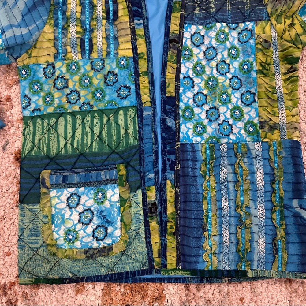 Patchwork Blue & Green Open-Front Jacket By Jane … - image 6